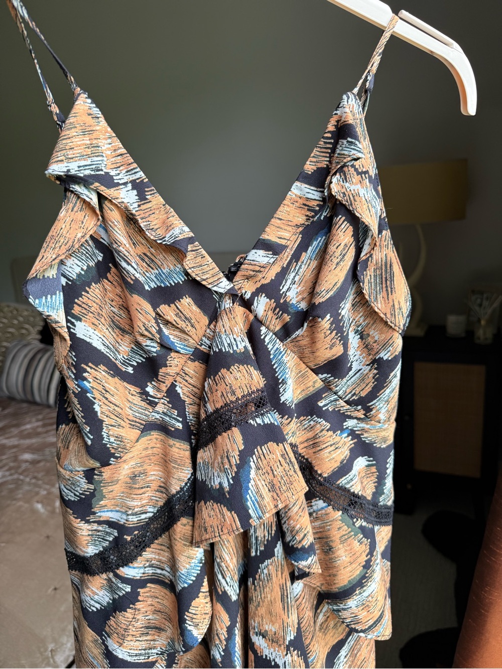 HUNTER BELL Sleeveless V-Neck Midi Dress in Brown and Black Abstract Print - Picture 4 of 7